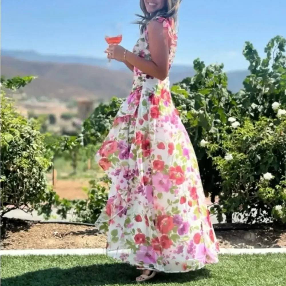 ABERCROMBIE & FITCH Ruffle Strap High-Low Maxi Dress Pink Floral Sz XS $130 {S7}